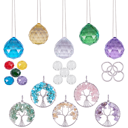 PandaHall Elite 1 Set Crystal Ball Prisms Pendants with Tree of Life Gemstone Pendant Glass Beads Jump Ring Curb Chain and Tiger Tail Wire for Home Wedding Decorations