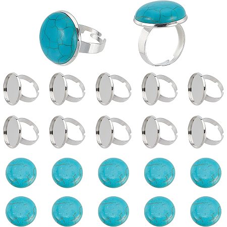 SUNNYCLUE 1 Box 30Pcs DIY 15 Sets Adjustable Finger Ring Blank Bases Synthetic Turquoise Cabochons Ring Settings for Jewelry Making Finger Ring Making Kit Brass Ring Blanks Adult Craft Silver Color