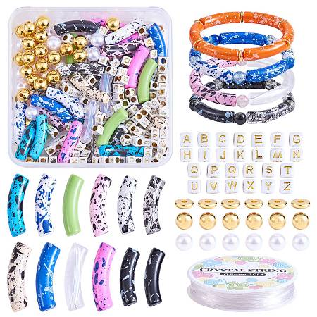 DIY Chunky Bracelet Making Kit, Including Acrylic Curved Tube & Letter Beads, Plastic Pearl & Brass Beads, Elastic Thread, Mixed Color, Beads: 232Pcs/set