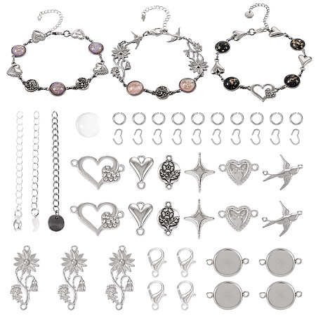 PandaHall Elite DIY Bracelet Making Finding Kit, Including Glass Cabochons, Alloy Clasps, Brass Chains Extender, Star & Heart & Flower Stainless Steel Cabochon Settings & Alloy Connector Charms, Stainless Steel Color, 167Pcs/box