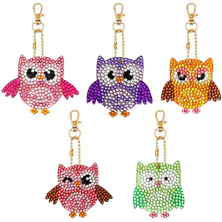 SUNNYCLUE 1 Set 5Pcs 5D Diamond Painting Keychain Kit Owl Diamond Painting Keychain DIY Handmade Full Diamond Painting Decorative Accessories for Kids Adult Craft Projects