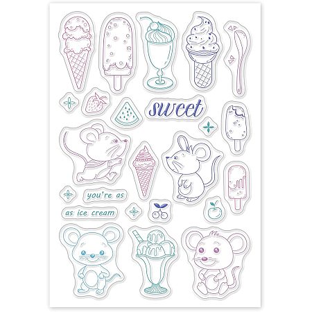 GLOBLELAND Ice Cream and Cute Mouse Silicone Clear Stamps with Cherry Watermelon Strawberry for Card Making DIY Scrapbooking Photo Album Decorative Paper Craft,6.3x4.3 Inches
