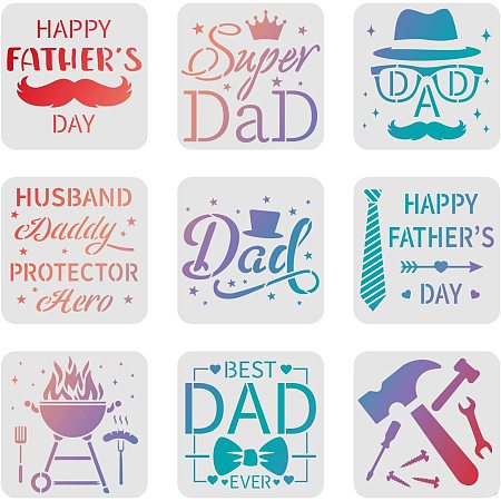 FINGERINSPIRE 9 Pcs Happy Father's Day Stencil, 7.9x7.9 Inch Reusable PET Stencils for Create DIY Father's Day Gift Home Decor Drawing Stencils for Painting on Wood Wall Canvas Furniture Card