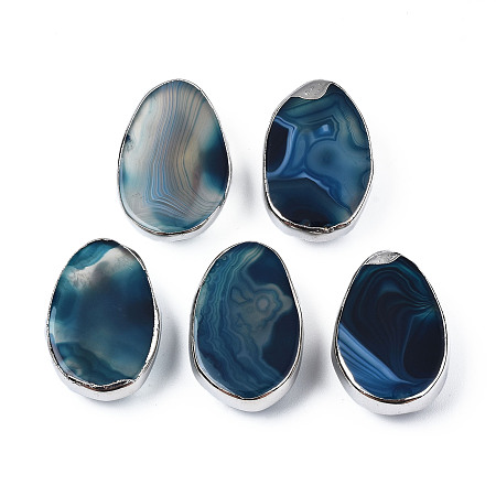 Natural Agate Slide Charms, with Brass Edge, Dyed, Oval, Platinum, 32~33.5x21~22x10~12mm, Hole: 6x2.5mm