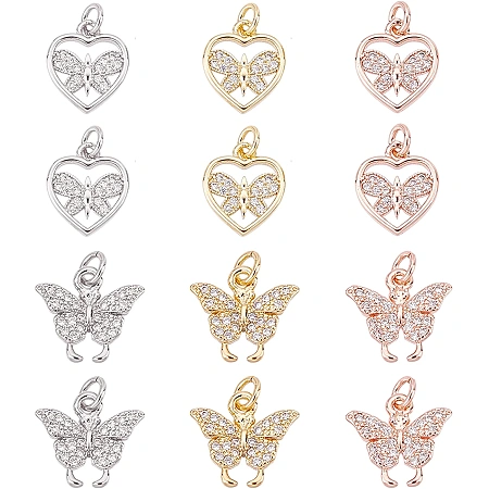 SUPERFINDINGS 12Pcs 2 Style Rhinestone Butterfly Charms Brass Micro Pave Cubic Zirconia Pendants 3 Colors Heart Butterfly Dangle Charm with Jump Rings for Bracelets Jewelry Making, Hole: 2.6mm