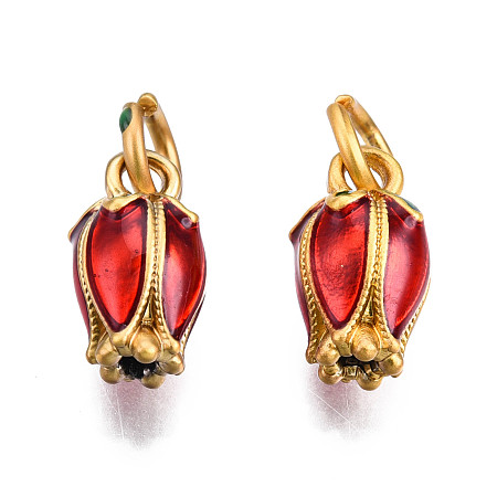 Honeyhandy Alloy Enamel Charms, with Jump Rings, Matte Style, Cadmium Free & Lead Free, Tulip, Matte Gold Color, Red, 12x6x6mm, Jump Ring: 6x1mm, Inner Diameter: 4mm