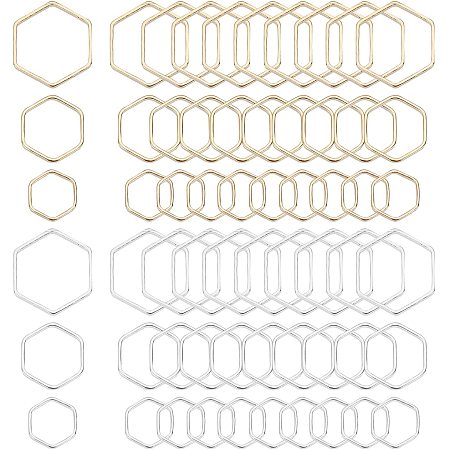 PandaHall Elite 6 Styles Hexagon Earring Charms, 60pcs 14K Gold Open Bezel Charm Hexagon Frame Connector Brass Linking Ring for Necklace Jewelry Making Findings, Golden & Silver