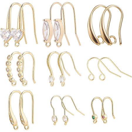 PandaHall Elite 18pcs 18K Gold Earring Hooks, 9 Style Brass Ear Wire Dangle Earring Findings French Earring Hooks with Clear Cubic Zirconia Rhinestone and Loop for Women Earring Jewelry Making