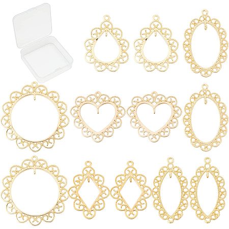 SUNNYCLUE 1 Box 12Pcs 6 Style Real 18K Gold Plated Teardrop Ring Heart Charm Connectors Rhombus Brass Links for DIY Earring Necklace Bracelet Jewellery Making