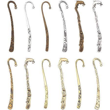 SUNNYCLUE 12Pcs Hook Bookmarks Findings Metal Bookmark Hairpin Stripe Hook Vintage Bookmark Clip for Crafting Jewelry Making Charms Findings Accessories, Mixed Color