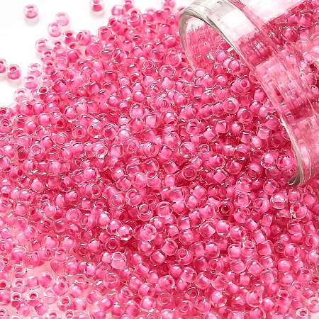 ARRICRAFT TOHO Round Seed Beads, Japanese Seed Beads, (1082) Inside Color Crystal/Hot Pink Lined, 11/0, 2.2mm, Hole: 0.8mm, about 1110pcs/bottle, 10g/bottle
