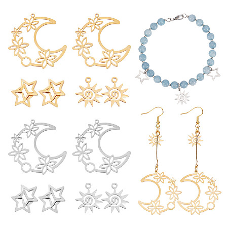 CHGCRAFT 12Pcs 6 Style 201 Stainless Steel Pendants, Laser Cut Pendants, Moon with Flower & Star, Mixed Color, 15~38x13~35x1mm, Hole: 1.5mm, 2pcs/style