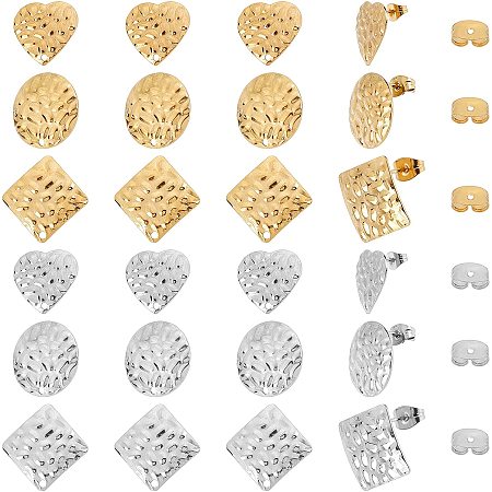 SUNNYCLUE 1 Box 12 Pairs 3 Styles Stainless Steel Stud Earring Geometric Flat Round Heart Square Earring Findings with Hole for Women Adults DIY Earring Dangles Jewellery Making