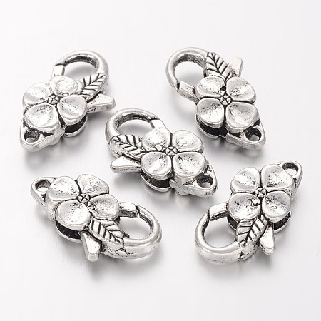 Honeyhandy Antique Silver Flower Alloy Lobster Claw Clasps, 25x14mm, hole: 2mm