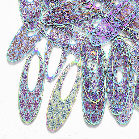 Nbeads  201 Stainless Steel Filigree Big Pendants, Etched Metal Embellishments, Oval with Flower, Multi-color, 55x17x0.3mm, Hole: 1.2mm