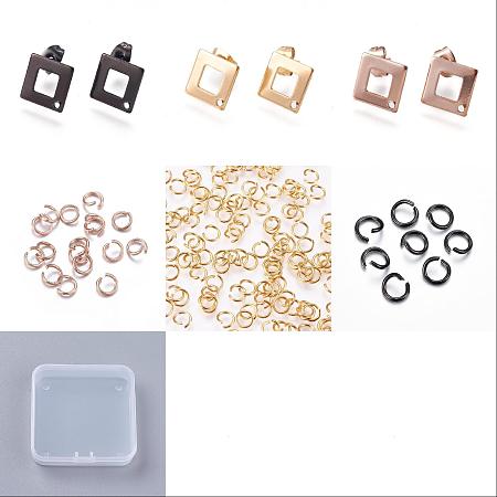 Unicraftale 24Pcs 3 Color 304 Stainless Steel Stud Earring Findings, Rhombus with Hole, with 60Pcs Open Jump Rings, Mixed Color, 13.5x13.5x0.8mm, Hole: 1mm, Pin: 0.7mm, 8Pcs/color