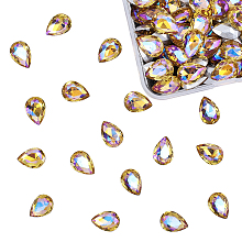 OLYCRAFT Pointed Back Glass Rhinestone Cabochons, Back Plated, Faceted, AB Color Plated, Teardrop, Gold, 14x10x5mm; 100pcs/box