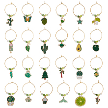 BENECREAT 24Pcs 24 Style Summer Green Theme Alloy Enamel Wine Glass Charms, Goblet Marker, with Brass Wine Glass Charm Rings, Cactus & Tree & Food, Golden, 42~66mm, 1pc/style