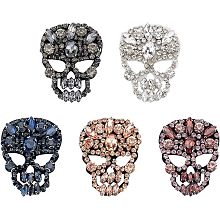 FINGERINSPIRE 5PCS 5 Colors Skull Glass Rhinestone Beaded Patch 2x2.4 inch Cloth Sew on Appliques Handicraft Beaded Skeleton Patches Big Rhinestones Applique Patches for Clothes, Dress, Hat, Jeans