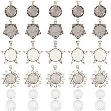 NBEADS 84 Pcs 4 Styles Blank Pendant Makings, 40 Pcs Star Flower Pentagon Pendant Blanks Alloy Trays Bezel Settings with 42 Pcs Glass Cabochons for Cameo Resin Photo Jewelry, Antique Silver