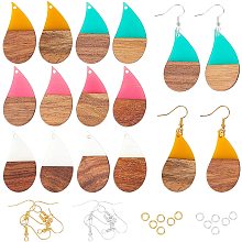 OLYCRAFT 96pcs Drop Shape Resin Wooden Earring Pendants Resin Walnut Wood Earring Makings Kit Wood Earring Accessories with Earring Hooks Jump Rings for Necklace Jewelry Making - 4 Colors