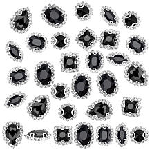 PandaHall Elite Rhinestone Buttons Embellishments, 24pcs 6 Styles Black Sew on Rhinestones 10~19mm Round Square Drop Flatback Faceted Glass Crystals with Silver Plated Findings for Garment Hair Accessory