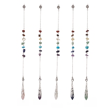 Honeyhandy Mixed Natural Gemstone Pointed Drowsing Pendulums, with Chakra Gemstone Chips & 304 Stainless Steel Findings, Bullet Charm, 265~268mm