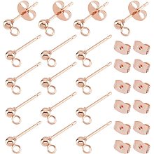 UNICRAFTALE 30pcs Rose Gold Ball Stud Earring Hypoallergenic Earring Post Stainless Steel Studs with Loop and Ear Nuts for Jewelry Earring Making 14x3mm