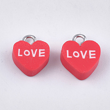 Honeyhandy Handmade Polymer Clay Charms, with Iron Findings, Heart with Love, Platinum, For Valentine's Day, Red, 12~13x10~10.5x4~4.5mm, Hole: 1.8mm