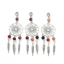 Honeyhandy Tibetan Style Alloy Pendants, with Wood Beads & 304 Stainless Steel & Lobster Claw Clasps, Antique Silver, 93mm, Pendant: 72x28mm, Beads: 6mm, Feather: 29x5x2mm, Clasps: 12x8x3mm.