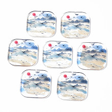 Arricraft Transparent Printed Acrylic Pendants, Square with Mountain, Colorful, 30x30x2.5mm, Hole: 1.2mm