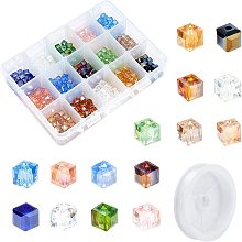 SUNNYCLUE DIY Cube Glass Bead Stretch Bracelets Making Kits, include Electroplate Faceted Glass Beads and Clear Elastic Crystal Thread, Mixed Color, Beads: 6x6x6mm, Hole: 1mm, 450pcs/set; Thread: 0.8mm, 7.5m/roll, 1roll/set