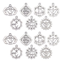 SUNNYCLUE Tibetan Style Alloy Pendants, Chakra, Cadmium Free & Lead Free, Antique Silver, 17~23x17.5~19.5x1.5mm, Hole: 1.8mm; 42pcs/box