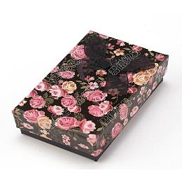 Flower Pattern Cardboard Jewelry Packaging Box, 2 Slot, For Ring Earrings, with Ribbon Bowknot and Black Sponge, Rectangle, Black, 8x5x2.6cm