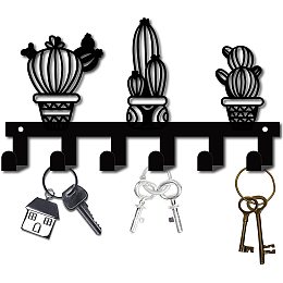 GORGECRAFT Key Holder Cast Iron Wall Hanger Potted Cactus Plant Theme Coat Rack Wall Mounted Decorative with 6 Hooks for Jewelry Keys Towels Hat Backpack Clothes Pet Leash Umbrella Organizer, Black