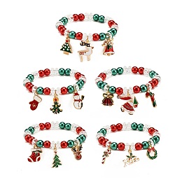 Honeyhandy Acrylic Pearl Beaded Stretch Bracelet with Alloy Enamel Charms, Christmas Theme Jewelry for Women, Mixed Patterns, Inner Diameter: 2-1/8 inch(5.5cm)