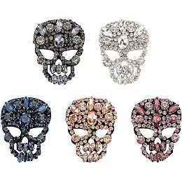 FINGERINSPIRE 5PCS 5 Colors Skull Glass Rhinestone Beaded Patch 2x2.4 inch Cloth Sew on Appliques Handicraft Beaded Skeleton Patches Big Rhinestones Applique Patches for Clothes, Dress, Hat, Jeans