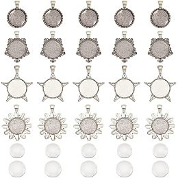 NBEADS 84 Pcs 4 Styles Blank Pendant Makings, 40 Pcs Star Flower Pentagon Pendant Blanks Alloy Trays Bezel Settings with 42 Pcs Glass Cabochons for Cameo Resin Photo Jewelry, Antique Silver