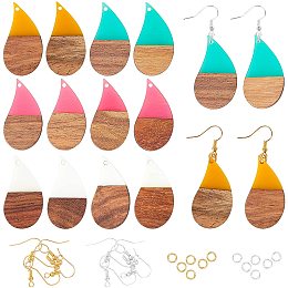 OLYCRAFT 96pcs Drop Shape Resin Wooden Earring Pendants Resin Walnut Wood Earring Makings Kit Wood Earring Accessories with Earring Hooks Jump Rings for Necklace Jewelry Making - 4 Colors