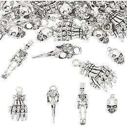 FINGERINSPIRE 60 Pcs 4 Styles Metal Skeleton Skull Hand Claws Charm Bird Head Skeleton Pendant Alloy Crow Raven Skull Charms Tibetan Style Pendants for Key Chain Necklace Bracelet Jewelry Making