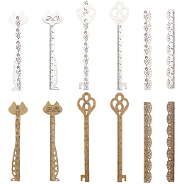 SUNNYCLUE 12Pcs 6 Style Tibetan Style Alloy Rulers, Key & Cat & Lace, Mixed Color, 12.45~13.8x1.2~2.8x0.15cm, 2pcs/style