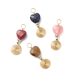 Natural & Synthetic Mixed Gemstone Pendants, with Golden Tone Copper Wire, Synthetic Hematite Beads and Brass Crystal Rhinestone Spacer Beads, Faceted Heart Charm, 30.5x9.5x5mm, Hole: 3.5mm