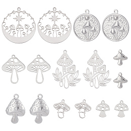 SUNNYCLUE 16Pcs 8 Style 201 & 304 Stainless Steel Charms, Mushroom, Stainless Steel Color, 13~34x12~30x1~3mm, Hole: 1.2~1.8mm, 2pcs/style