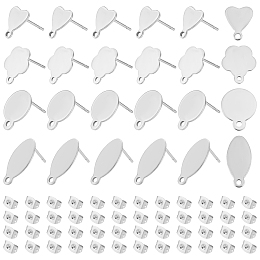 UNICRAFTALE about 80pcs 4 Styles Stud Earring Findings and 90pcs Ear Nuts 304 Stainless Steel Stud Earrings Heart Flower Horse Flat Round Ear Studs for DIY Earring Making