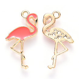 Honeyhandy Alloy Enamel Pendants, Flamingo Shape, Light Gold, Light Coral, 26x14x2mm, Hole: 1.6mm