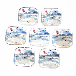 Arricraft Transparent Printed Acrylic Pendants, Square with Mountain, Colorful, 30x30x2.5mm, Hole: 1.2mm