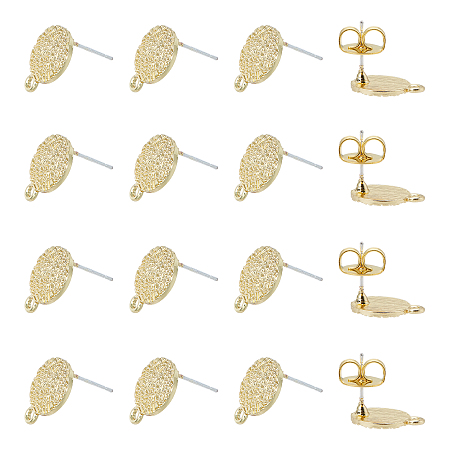 NBEADS Alloy Stud Earring Findings, with Loop and Brass Ear Nuts, Steel Pins, Flat Round, Light Gold, Earring: 14.5x11mm, Hole: 1.4mm; Pin: 0.7mm, 50pcs; Ear Nuts: 8.5x8x4mm, Hole: 2mm, 50pcs, 100pcs/box