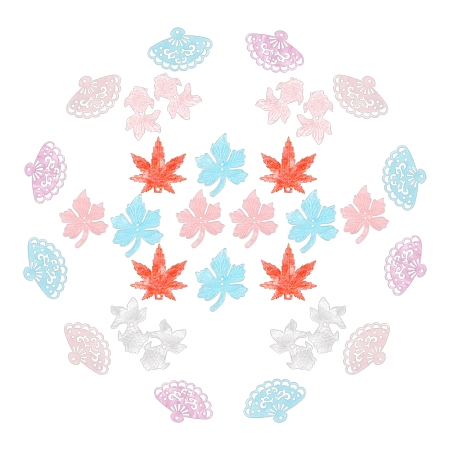 SUNNYCLUE 32Pcs 8 Styles Maple Leaf Resin Charms Goldfish Charm Fan 3D Simulation Leaves Fall Decorations Fish Slime Transparent Pink Blue Red for Jewelry Making Necklaces Bracelets Earrings
