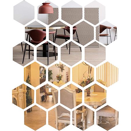 NBEADS 48 Pcs Hexagon Mirror Wall Stickers, Self Adhesive Acrylic Mirror Sheets for Home Living Room Bedroom Decor, 2 Colors, 3.15