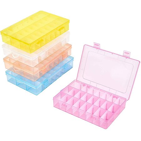 PH PandaHall 5 Pack 24 Grids Bead Organizer Containers Plastic Jewelry Box Adjustable Dividers Earring Storage Diamond Painting Storage Case for Cross Stitch Accessories, Nails, Sewing (7.5x5x1.4”)